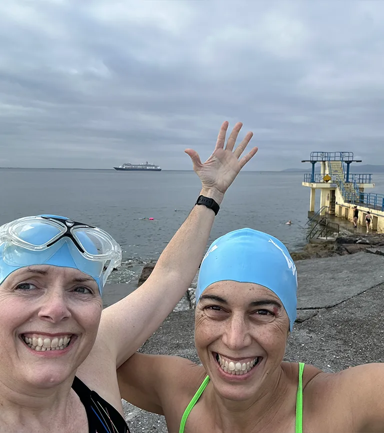 Sabra (left) and Julia at the Blackrock Dive Tower, Ireland.